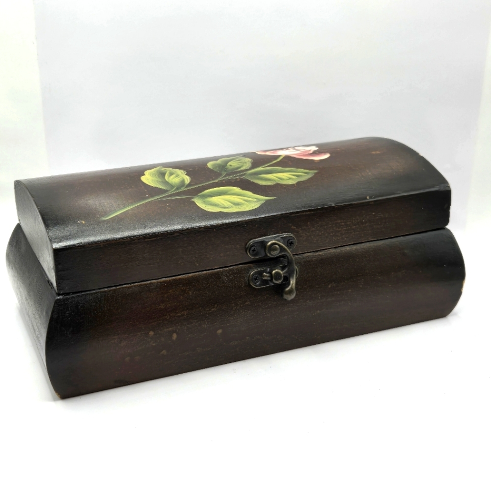 VTG Hand Painted Wooden Treasure Chest Recipe Holder Jewelry Box Floral 10×5"